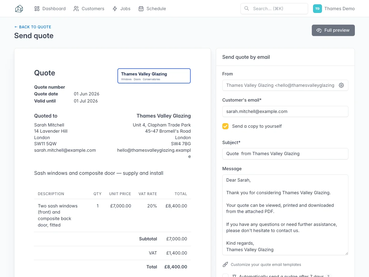 Send quote page with email form and quote PDF preview showing company logo