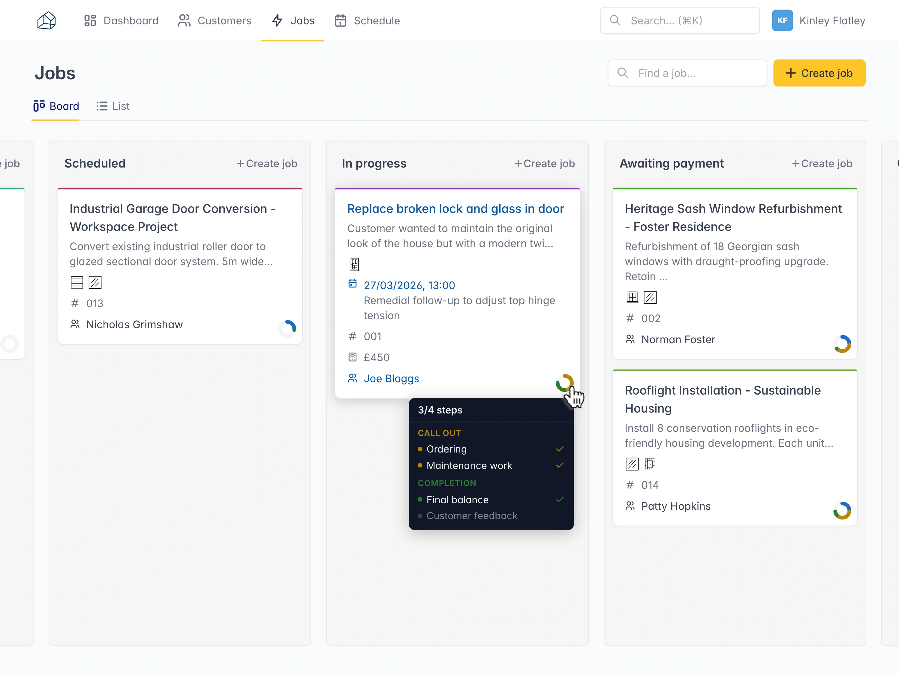 SmartStages kanban board with progress ring